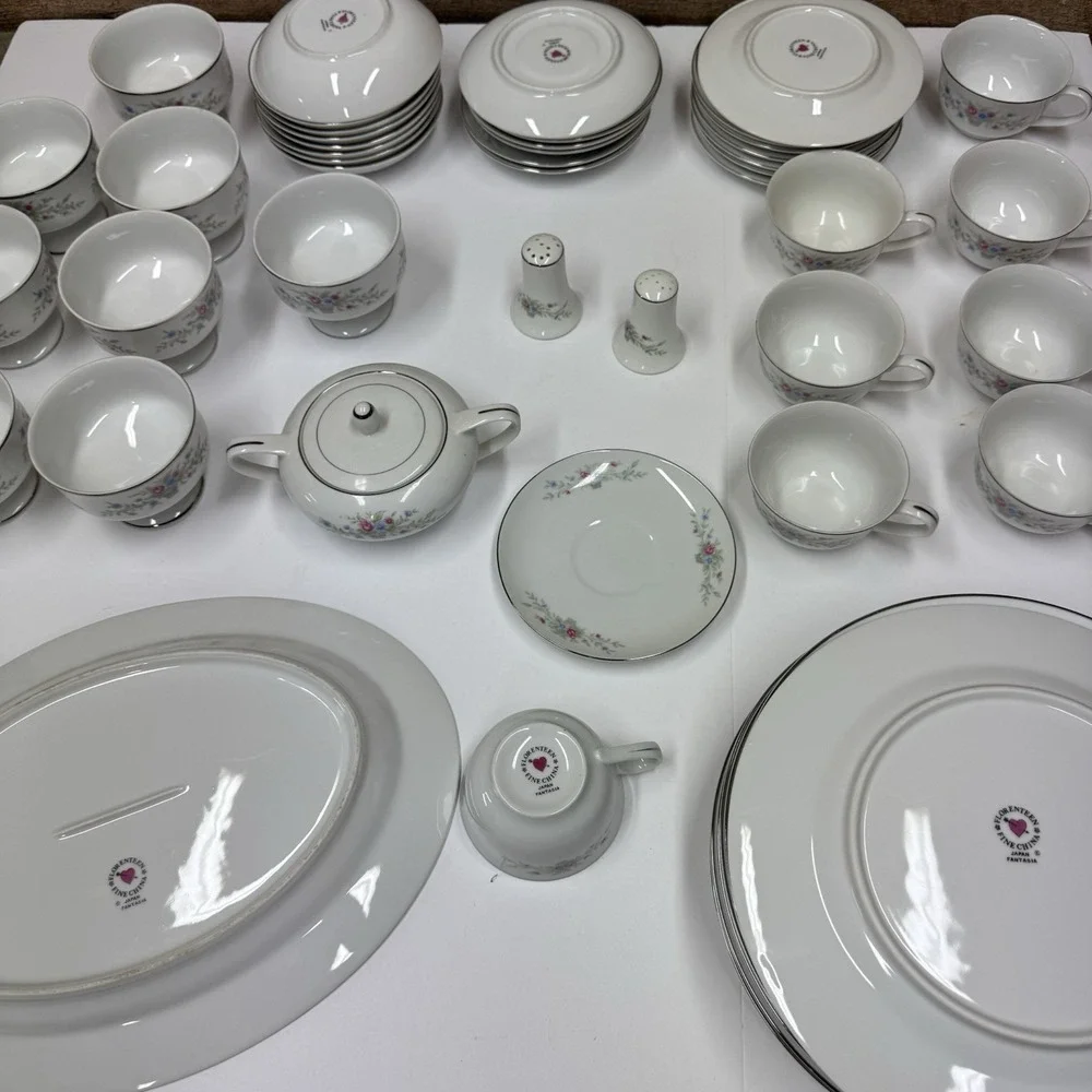 Florenteen Fine China Fantasia Japan 53 Piece Set- Service for 8 Floral Silver